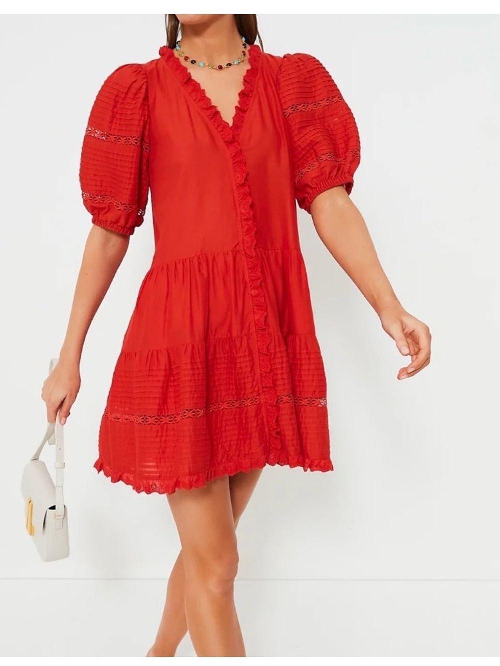 Sea New York Antonia Red Puff-Sleeve Ruffle Tiered Mini Dress size medium